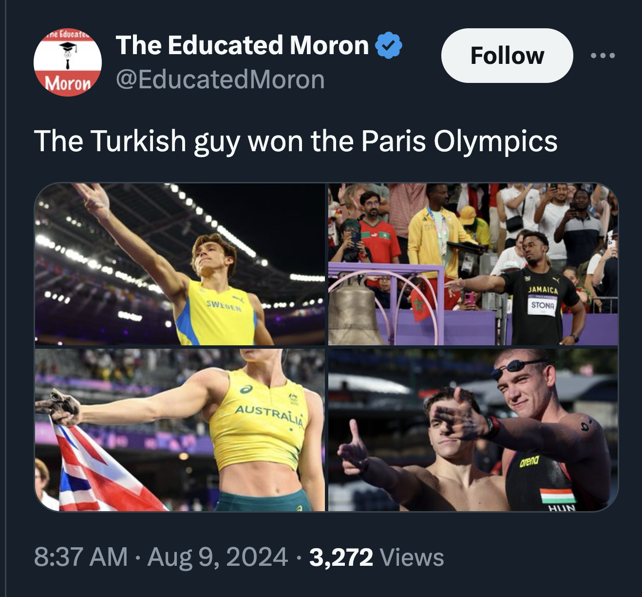 screenshot - The Educated Moron Moron Moron The Turkish guy won the Paris Olympics Australia 3,272 Views Jamaica Ston